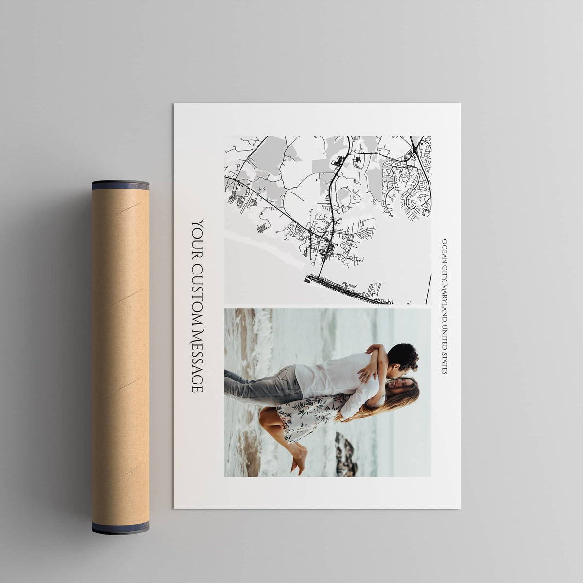 custom horizontal city map poster with photo next to a poster tube