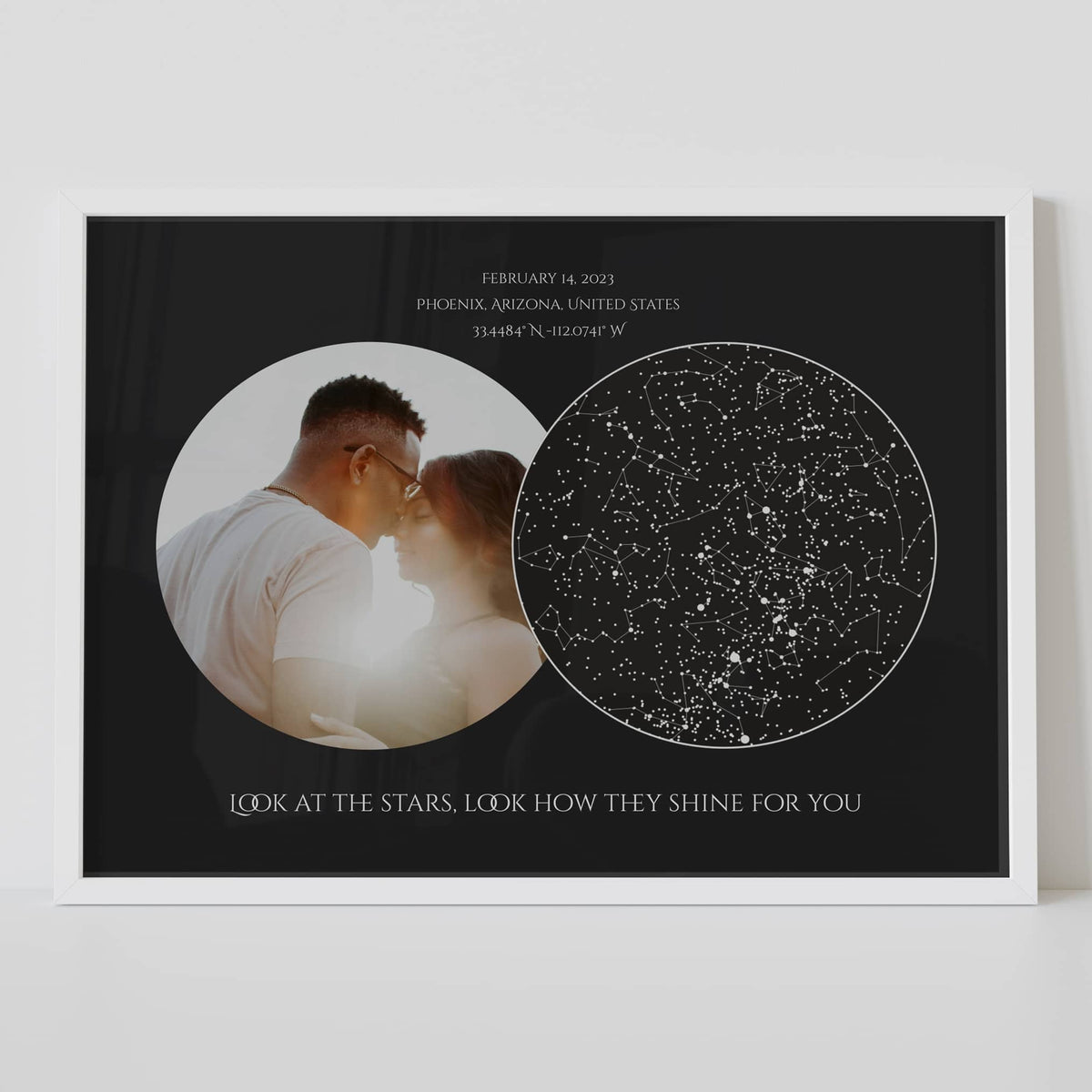 framed custom horizontal star map print with photo black background