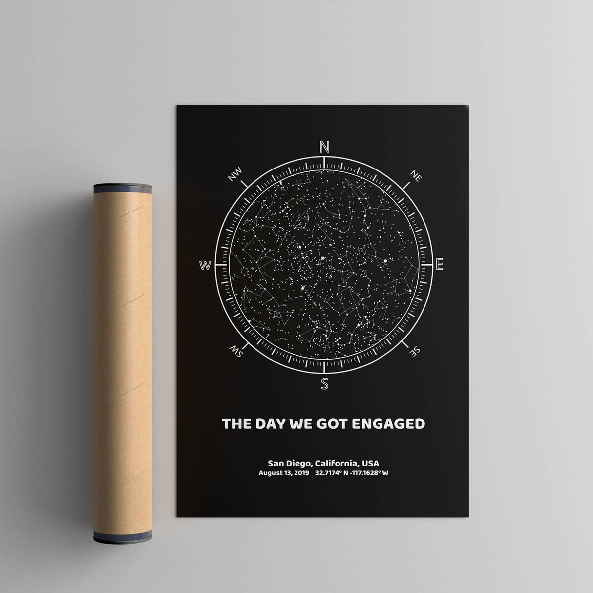 compass custom engagement day star map poster