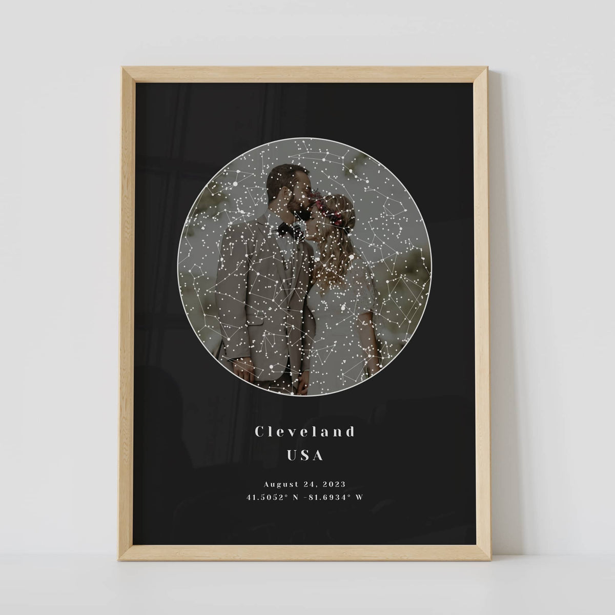 Framed black background custom star map print with photo wall art