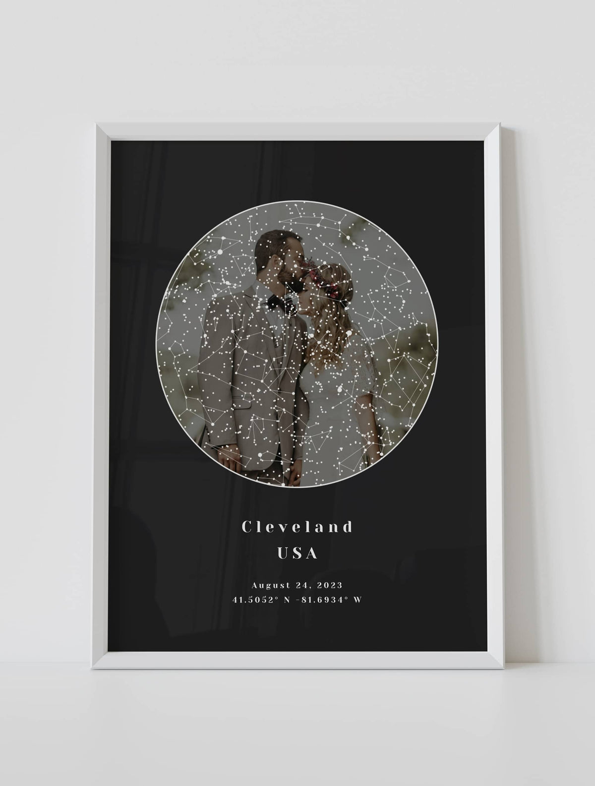 Framed black background custom star map poster with photo wall art print