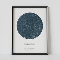 A framed blue constellation map poster, with a personalized quote "Our anniversary"