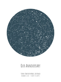 A detailed photo of a blue circle night sky by date poster, with the quote "Our anniversary"