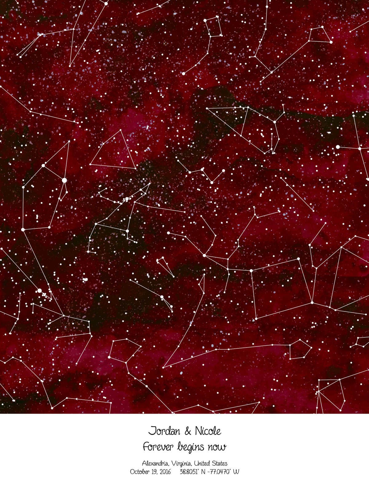 A detailed photo of a red custom night sky by date poster, with the quote "Forever begins here"