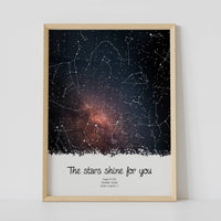 A framed constellation map poster, with a personalized quote "The Stars shine for you"