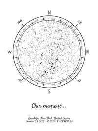 A detailed photo of a white night sky by date poster, with the quote "Our moment"