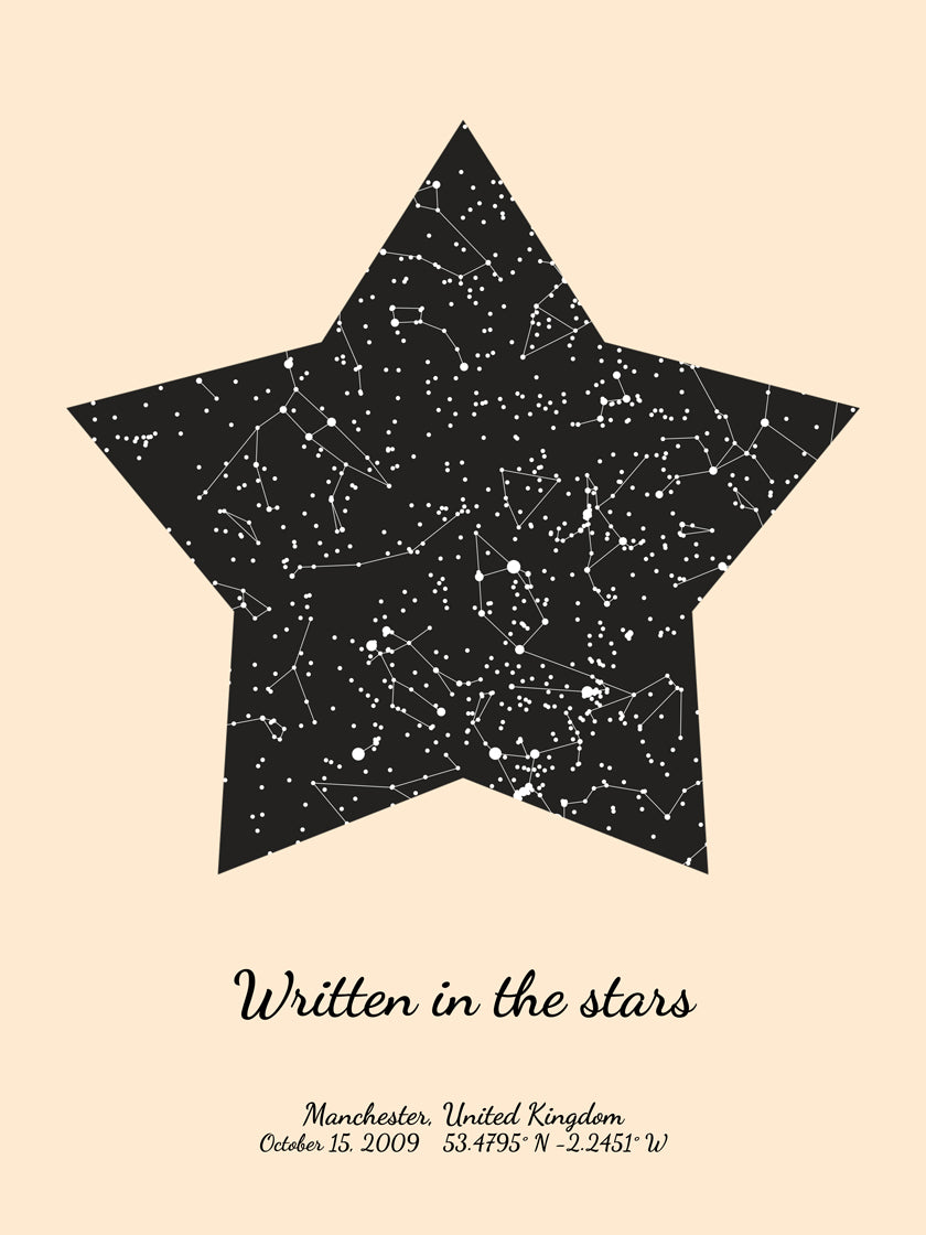Beige star map by date poster, with a personalized quote "Written in the stars"