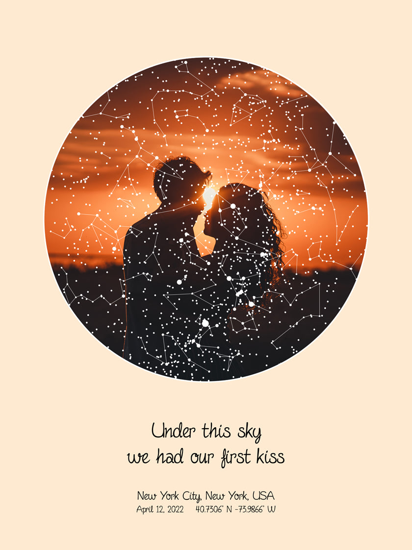 A detailed photo of a custom night sky by date poster, with the quote "Under this sky we had our first kiss"