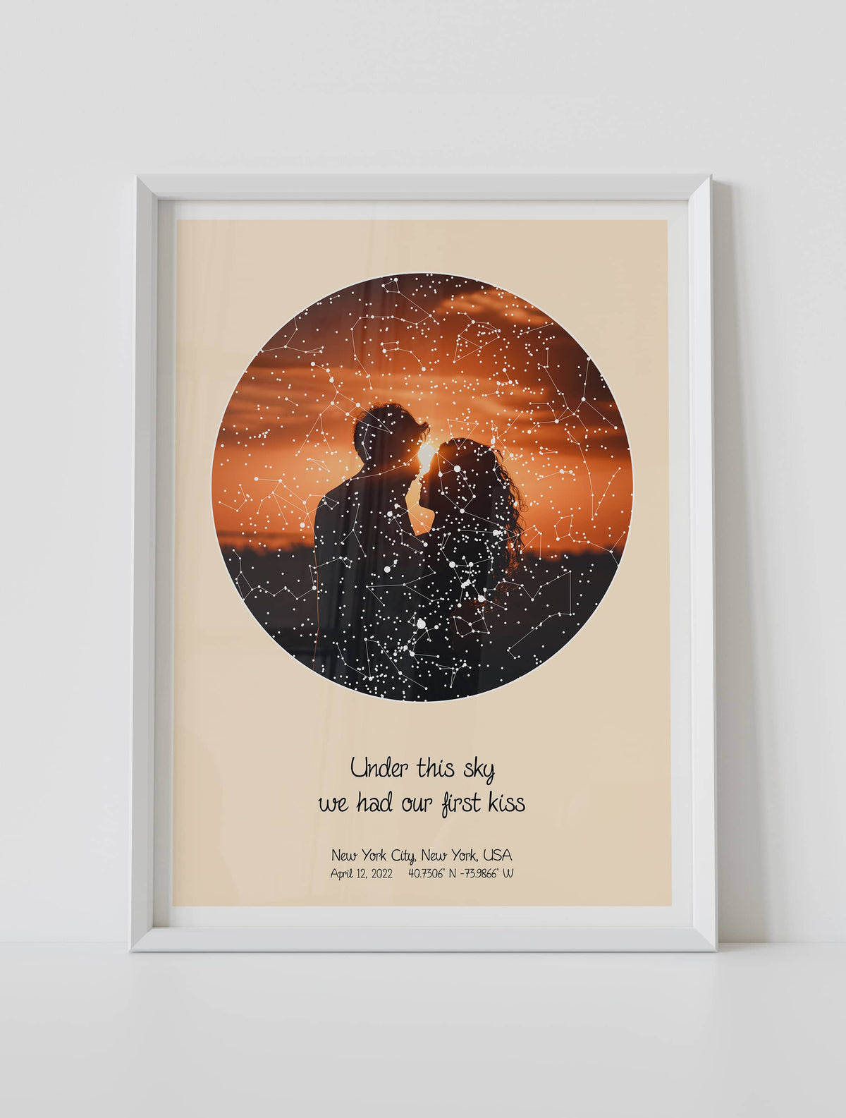 A framed star map with a photo featuring a specific date and location, customized with the quote "under this sky we had our first kiss"