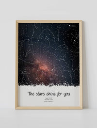 A framed custom star map poster featuring a specific date and location, customized with the quote "The Stars shine for you"