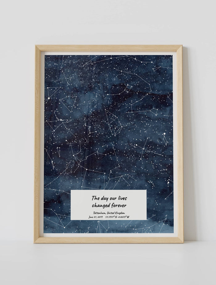 A framed custom star map poster featuring a specific date and location, customized with the quote "The day our lives changed forever"