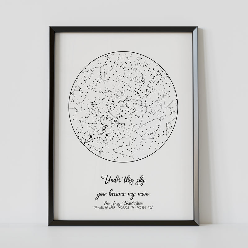 A photo of a Framed personalized white circle night sky poster, created by date and location with a custom quote 