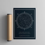 dark blue compass star map print next to a poster tube