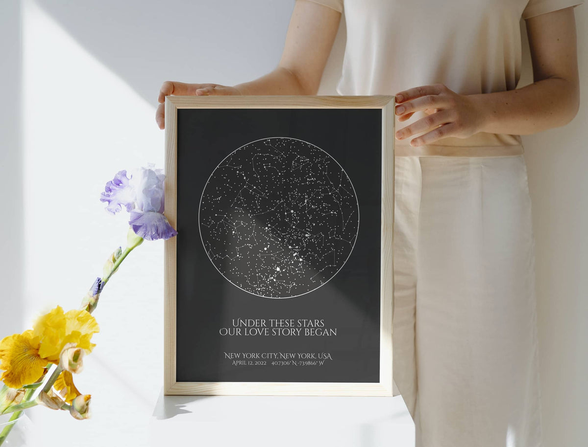Women holding a custom black star map poster, created by date and location with a custom quote " Under these stars our love story began"