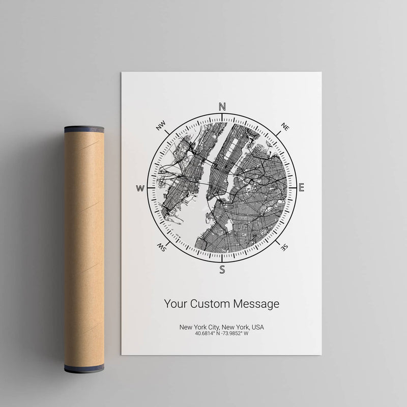 custom compass city map poster next to a poster tube