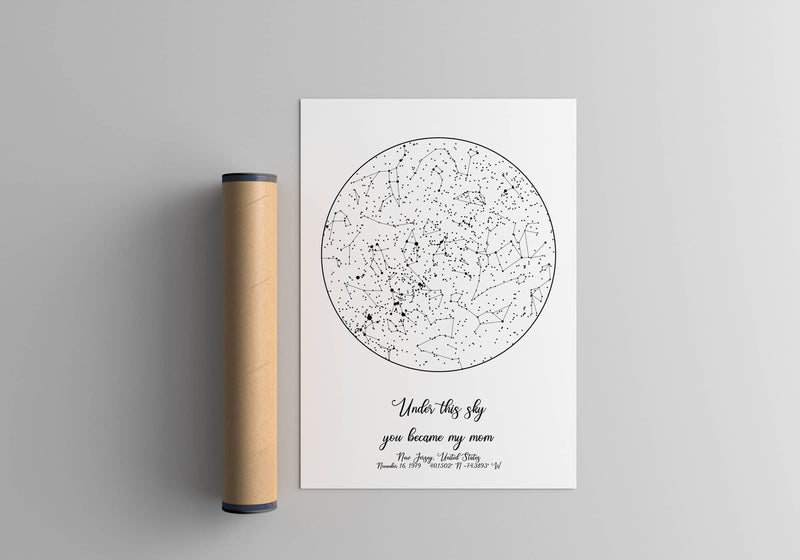 A custom star map premium print with a tube next to it