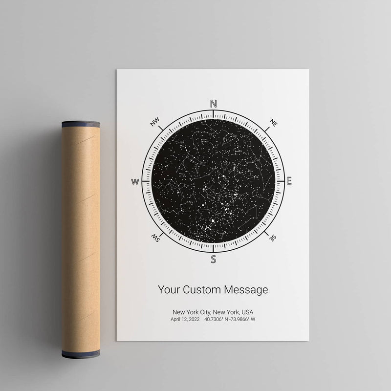 custom night sky star map print next to a poster tube