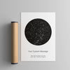 black circle constellation map print next to a poster tube