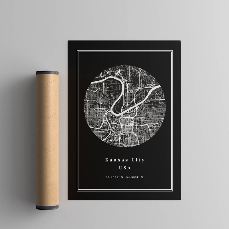 circle location map print of Kansas City next to a oster tube
