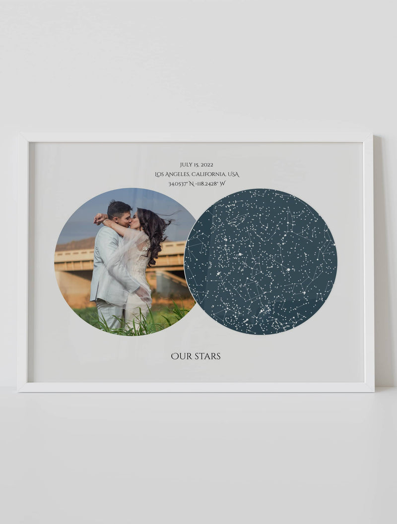 Framed white background custom star map poster with photo wall art print