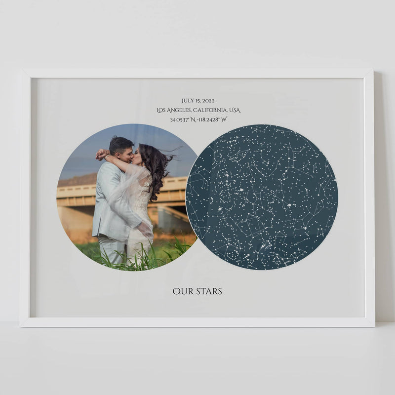 Framed white background custom star map print with photo wall art