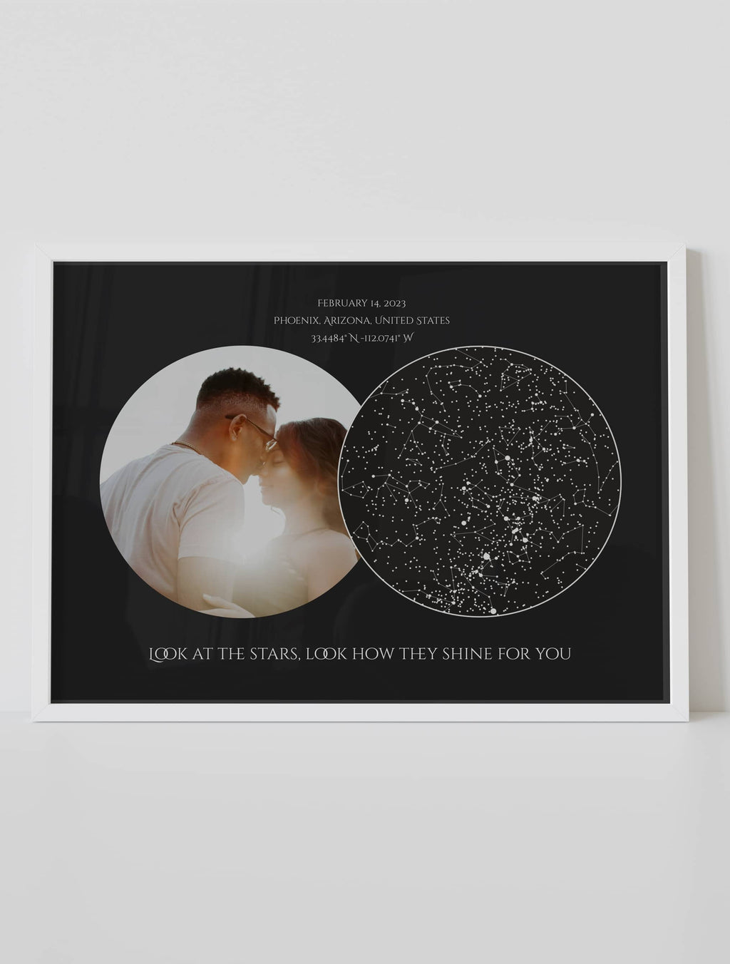 framed custom horizontal star map poster with photo black background 