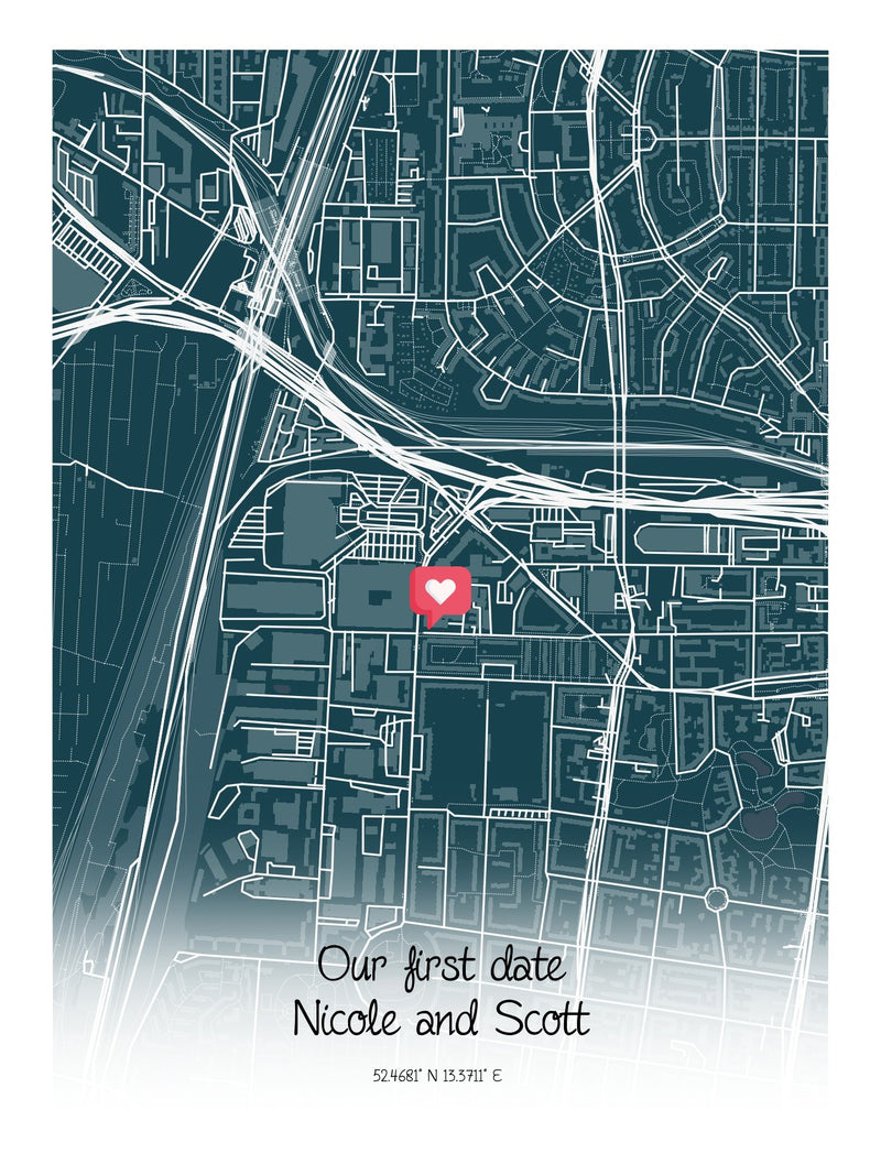 Detailed anniversary Street Map Online "Our first date nicole and scott"