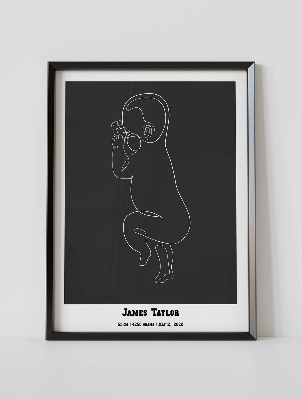 Black framed 1:1 scaled black baby birth poster by artmementos