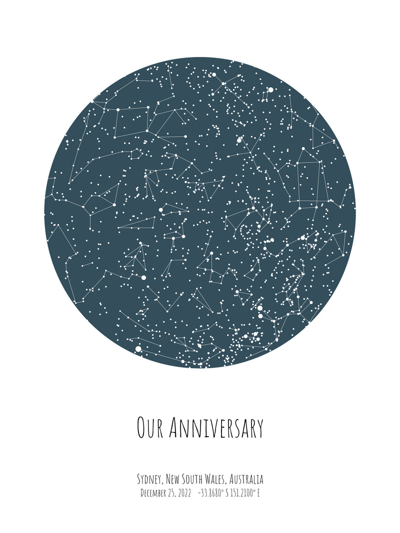 A detailed photo of a blue circle night sky by date poster, with the quote "Our anniversary"