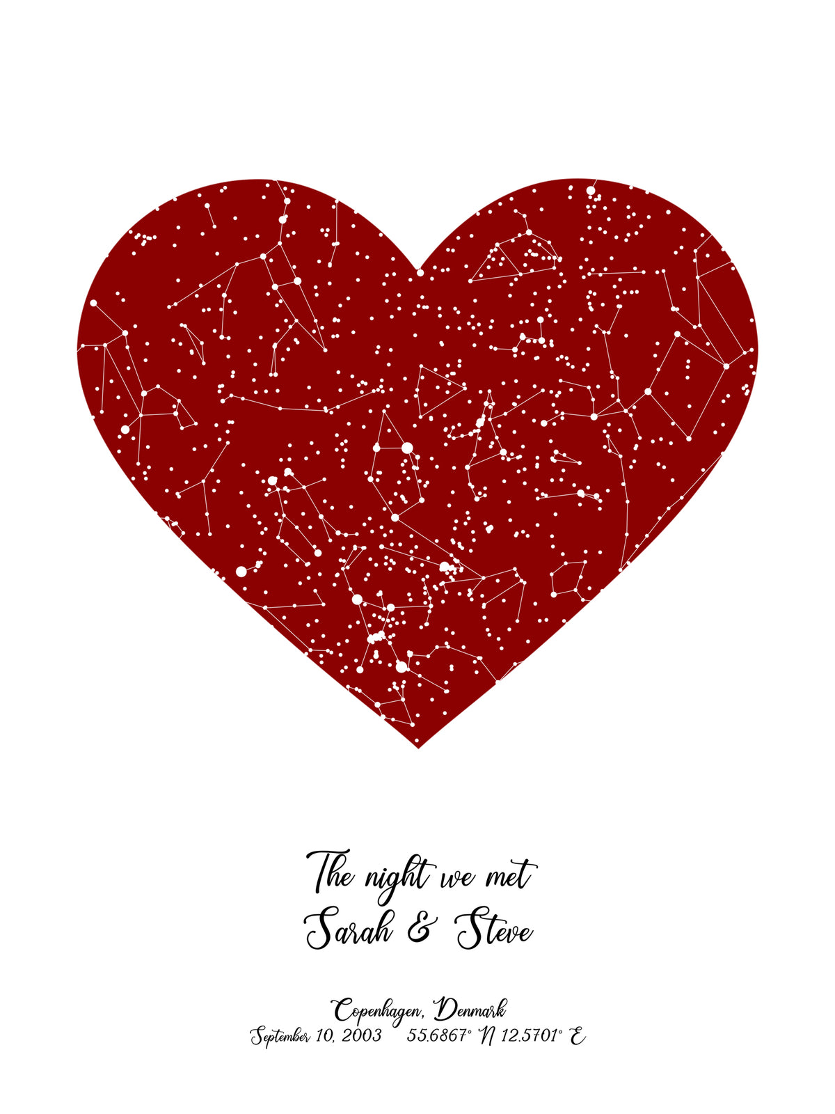 A detailed photo of a red heart night sky by date poster, with the quote "The night we met"
