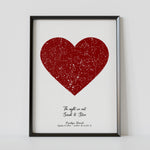A framed red heart constellation map poster, with a personalized quote "The night we met"