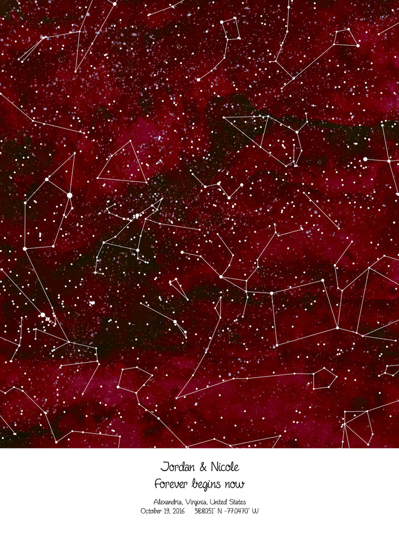 A detailed photo of a red custom night sky by date poster, with the quote "Forever begins here"