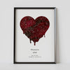 A framed red heart constellation map poster, with a personalized quote