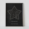 A framed black constellation map poster, with a personalized quote "A star was born"