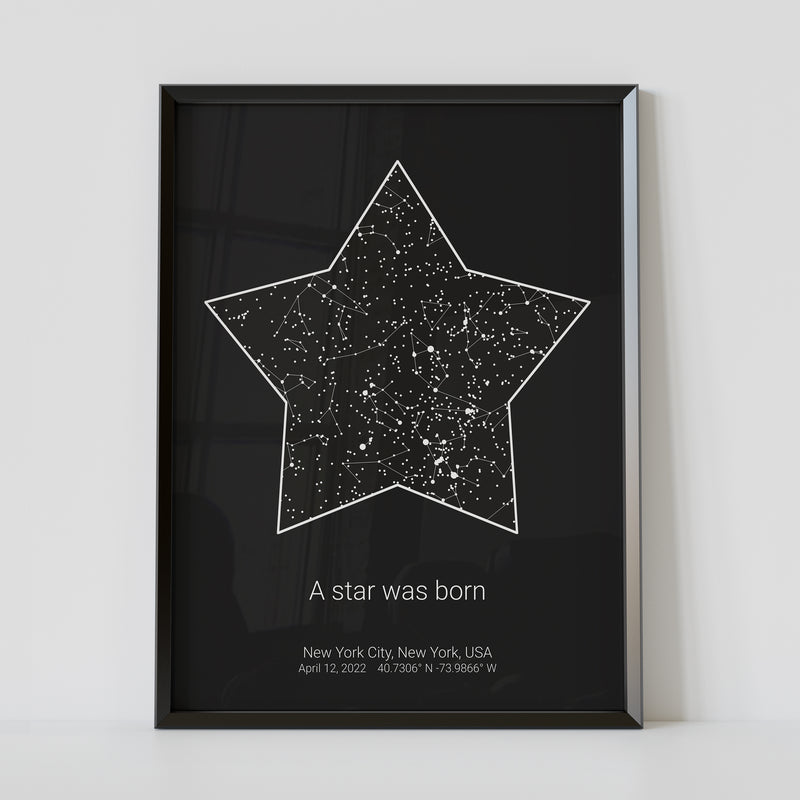 A framed black constellation map poster, with a personalized quote "A star was born"