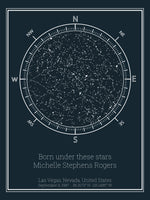 A detailed photo of a dark blue compass night sky by date poster, with the quote "Born under these stars"