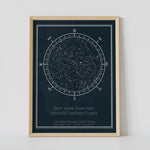 A framed dark blue constellation map poster, with a personalized quote "Born under these stars"