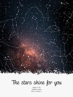 A detailed photo of a custom night sky by date poster, with the quote "The Stars shine for you"