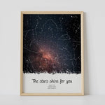 A framed constellation map poster, with a personalized quote "The Stars shine for you"
