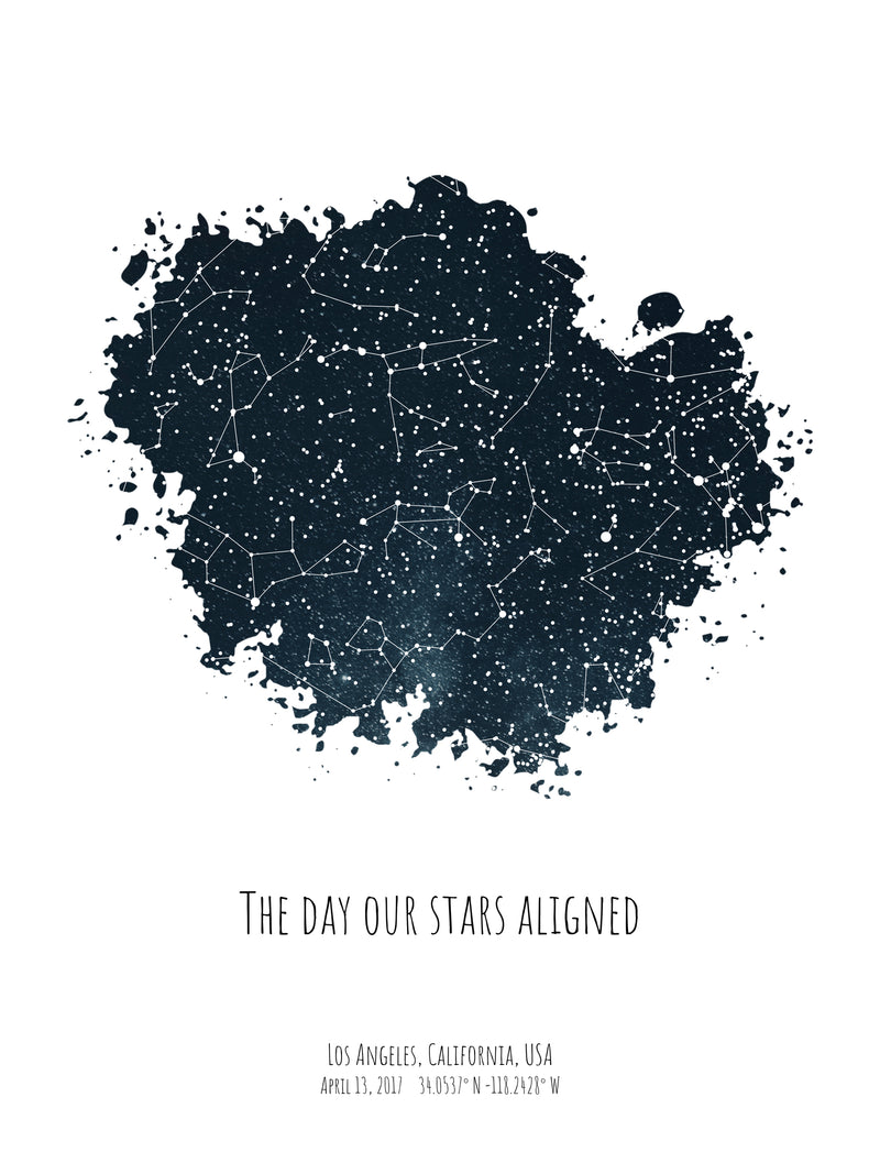 A detailed photo of a blue night sky by date poster, with the quote "The day our stars aligned"