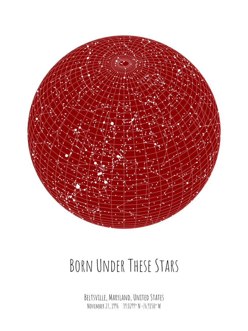 A detailed photo of a red circle night sky by date poster, with the quote "Born under these stars"
