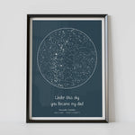 A framed blue constellation map poster, with a personalized quote "Under this sky you became my dad"