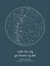 A detailed photo of a blue circle night sky by date poster, with the quote "Under this sky you became my dad"