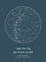 A detailed photo of a blue circle night sky by date poster, with the quote "Under this sky you became my dad"