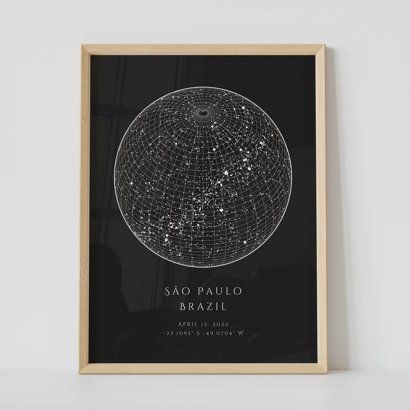A framed black circle constellation map poster, with a personalized quote