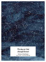 A detailed photo of a blue custom night sky by date poster, with the quote "The day our lives changed forever"