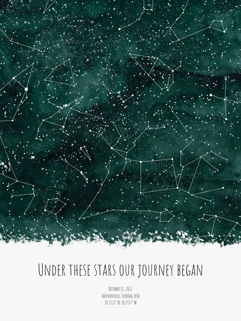 A detailed photo of a green night sky by date poster, with the quote "Under these stars Our journey began"