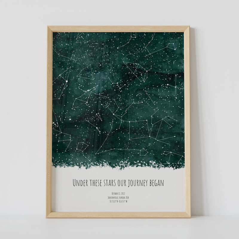 A framed green constellation map poster, with a personalized quote "Under these stars Our journey began"