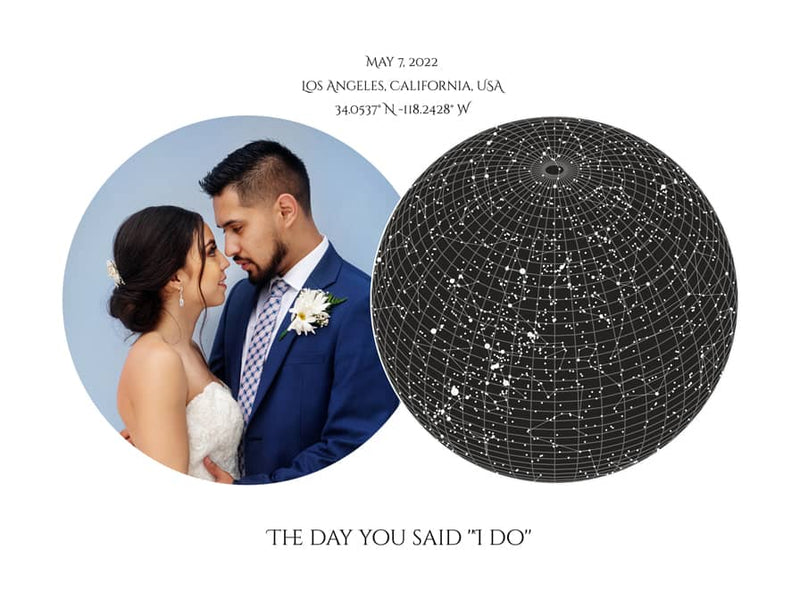 A detailed photo of a circle custom night sky by date poster, personalized with a photo