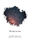 A detailed photo of a custom night sky by date poster, with the quote "The day we met"